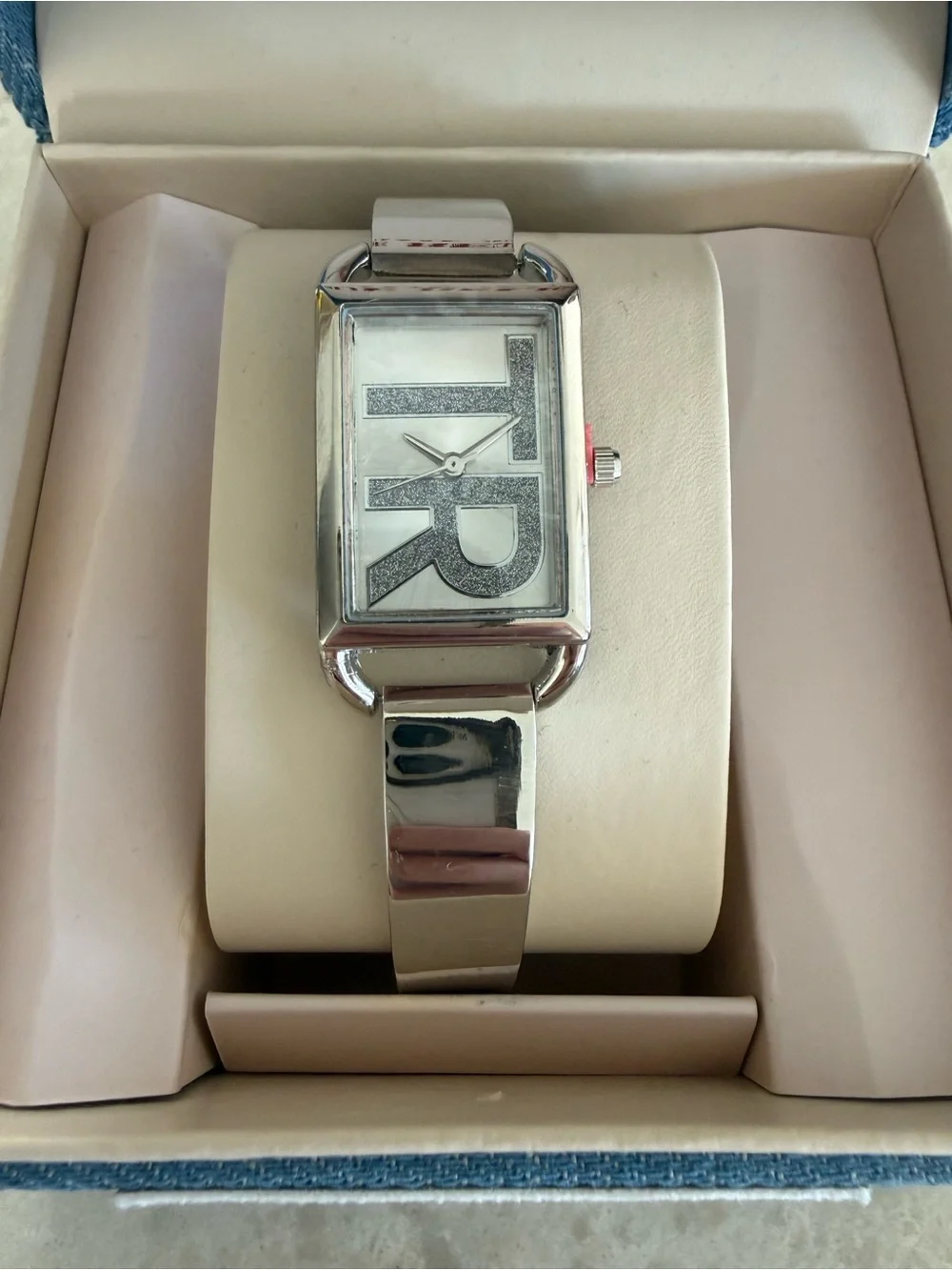 True Religion Women's TR Logo Silver Cuff Bracelet Watch Rectangle Dial New
